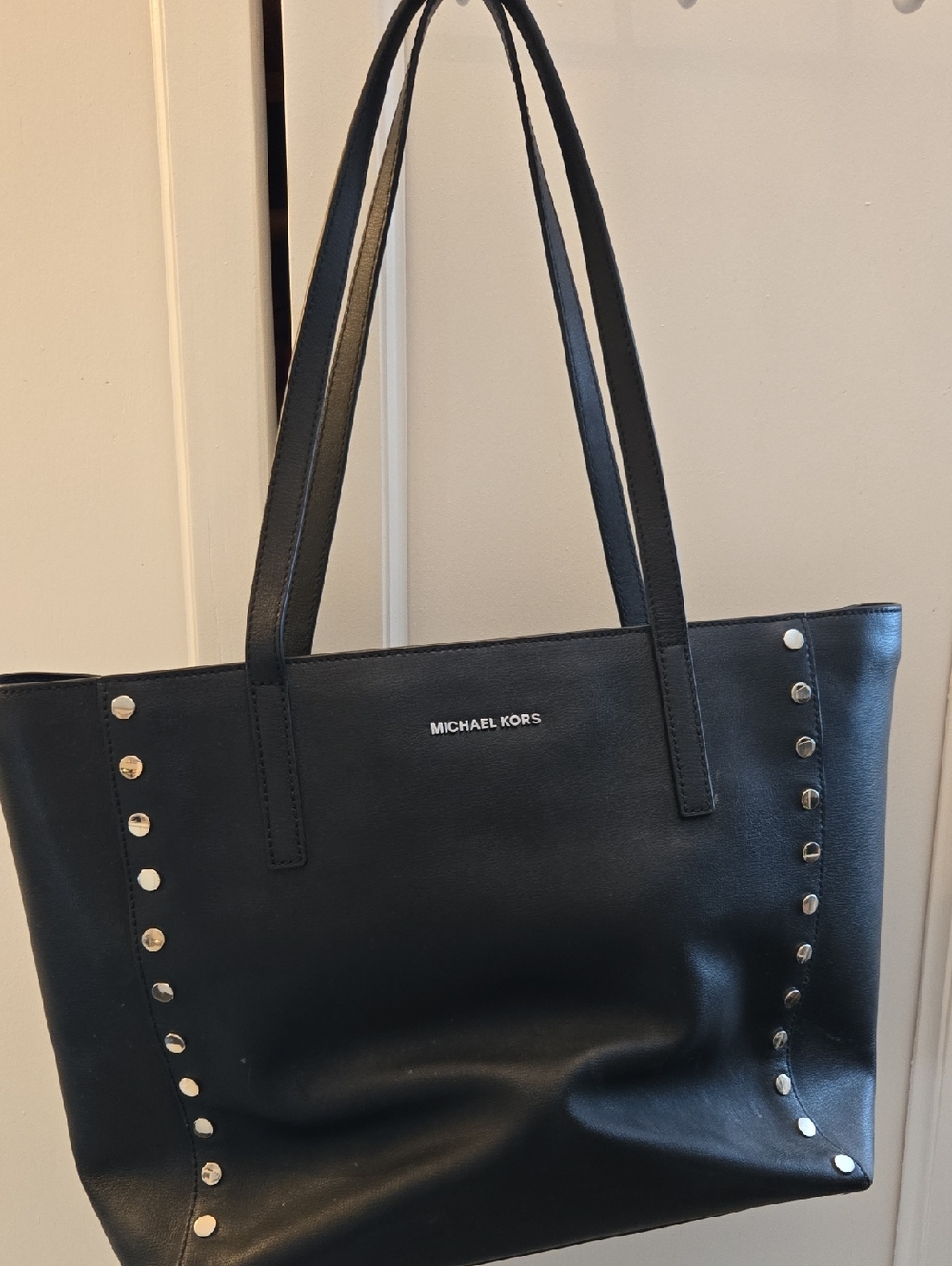 Michael Kors Black Leather Tote with Silver Stud Accents